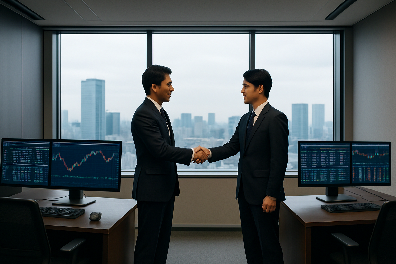 オフィスで握手する経営者たち